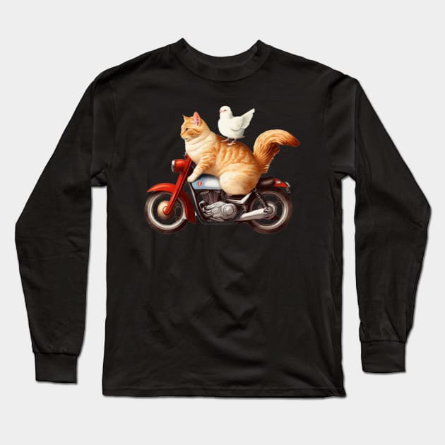 cat and chicken riding motorcycle Long Sleeve T-Shirt by TrvlAstral